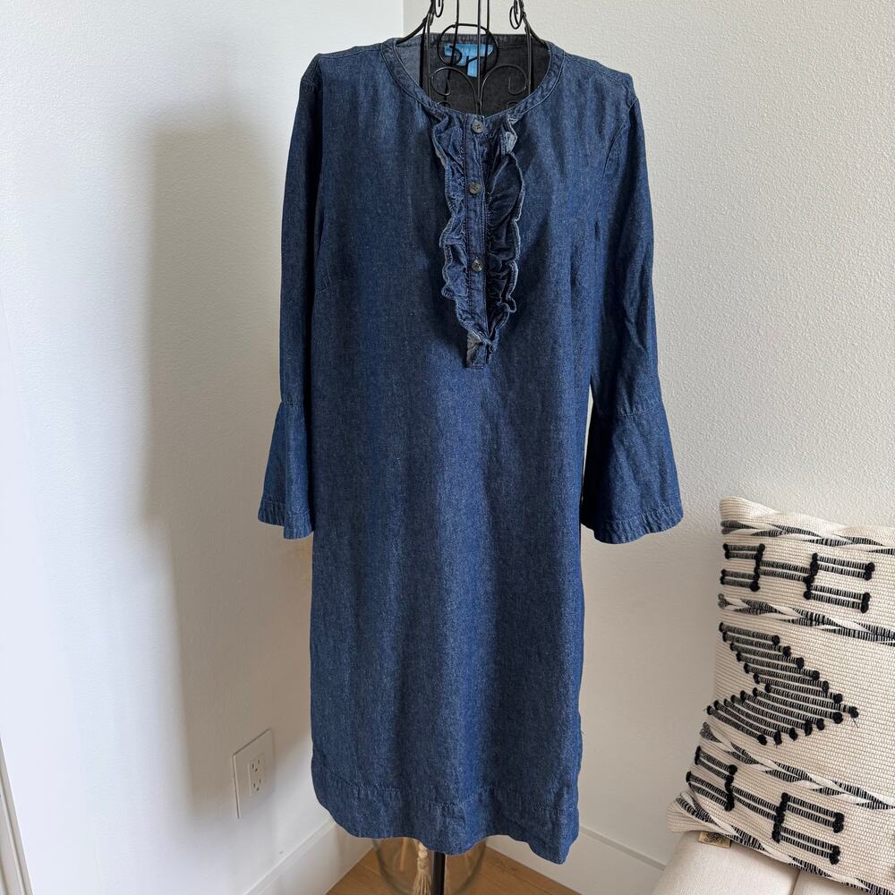 Draper James Dark Chambray Denim Ruffle Shift Dress Size 12-Preppy, Western